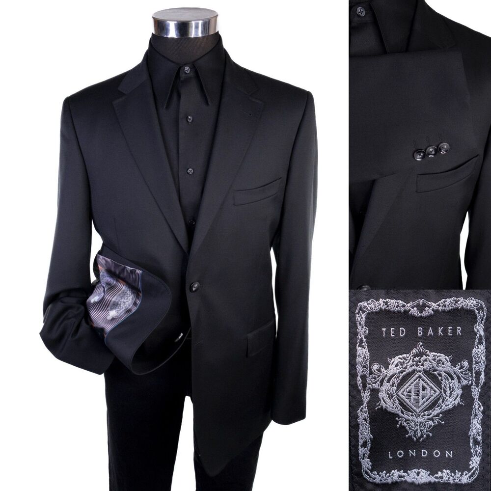 Ted Baker London Blazer Sport Coat Sz 42R Solid Black Wool Two Button Jacket EUC